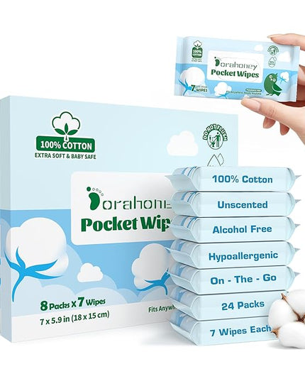100% Cotton Travel Wipes for Sensitive Skin, 99% Water Hypoallergenic Mini Wet Wipes, Unscented Pocket Wipes Travel Essentials for Adults, Kids & Baby Care, 168 Count (24 Packs of 7)