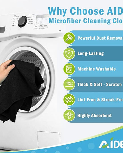 AIDEA Microfiber Cleaning Cloth-50PK, Soft Microfiber Towels for Cars, Absorbent Cleaning Rags, Lint-Free Streak-Free Wash Cloths for House, Kitchen, Window(12in.x12in), Black