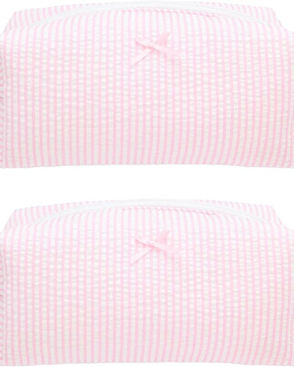 PAZIMIIK 2PCS Cozy Makeup Bag Travel Cosmetic Bag for Women Soft Toiletry Bag Aesthetic Makeup Organizer Portable Large Zipper Pouch for Skincare Beauty Accessories Brushes Stripe Pink