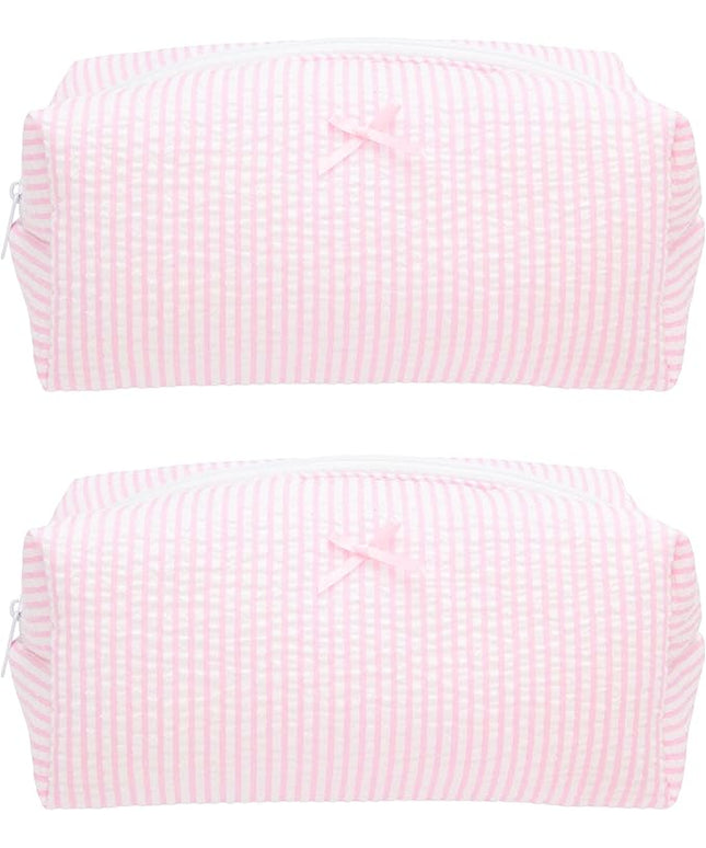 PAZIMIIK 2PCS Cozy Makeup Bag Travel Cosmetic Bag for Women Soft Toiletry Bag Aesthetic Makeup Organizer Portable Large Zipper Pouch for Skincare Beauty Accessories Brushes Stripe Pink