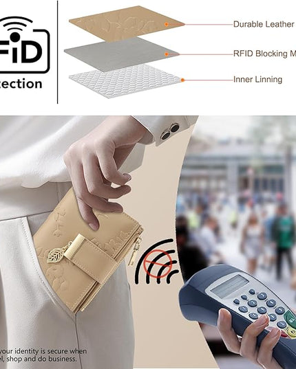 yiijay Small Wallet Women RFID Blocking Leather Bifold Wallet Credit Card Holder for Women Ladies Compact Wallet Mini Purse With Zipper Pocket
