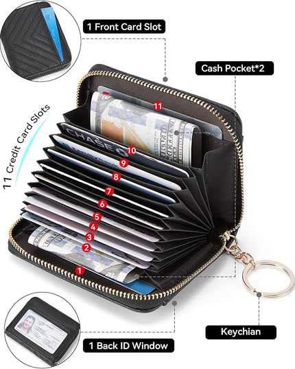 BOSTANTEN Credit Card Holder Wallet RFID Blocking Leather Small Wallet for Women Zipper Keychain Wallet with Wristlet Black