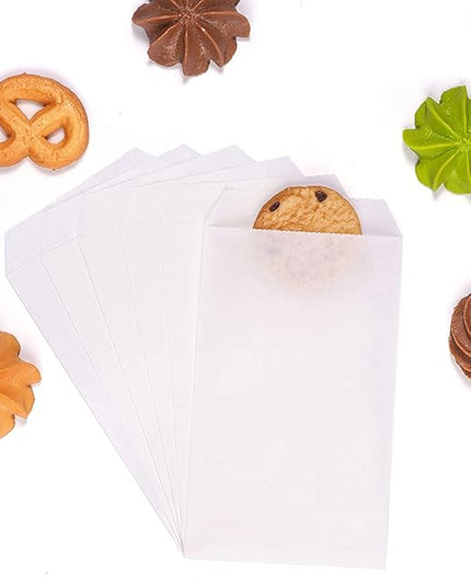 Quotidian White Flat Small Greaseproof Kraft Paper Bags 3" x 5" (8 x 13.3cm) Pack of 100 - Bakery Cookies Treat Candies Dessert