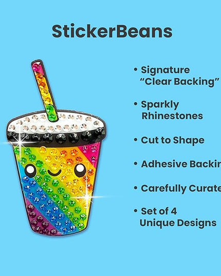 StickerBeans® Rhinestone Stickers – Rainbow Foodie 4-Pack, 2” x 2” Unique Sparkly Cut-to-Shape for Collecting, Trading, Decorating Laptops, Phone Cases, Scrapbooks, Kids, Teens, & Adults