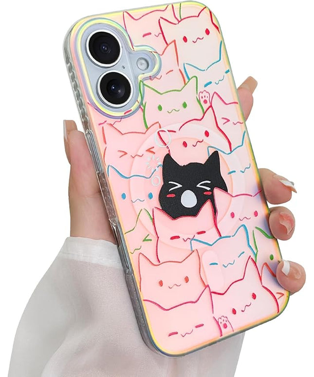 Cute Case for iPhone 17 Case for Women Girls Boys [ Compatible with Magsafe ] Iridescent and Black Cats Cat Pattern Design, Kawaii Colorful Animal Soft Bumper Protective Phone Cover