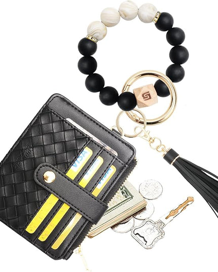 COOLANS Silicone Bracelet Wristlet Wallet Credit Card Holder RFID,ID Window,Key Ring Tassel,Slim Wallet Women Keychain Purse