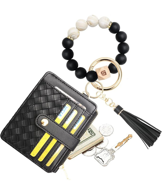 COOLANS Silicone Bracelet Wristlet Wallet Credit Card Holder RFID,ID Window,Key Ring Tassel,Slim Wallet Women Keychain Purse