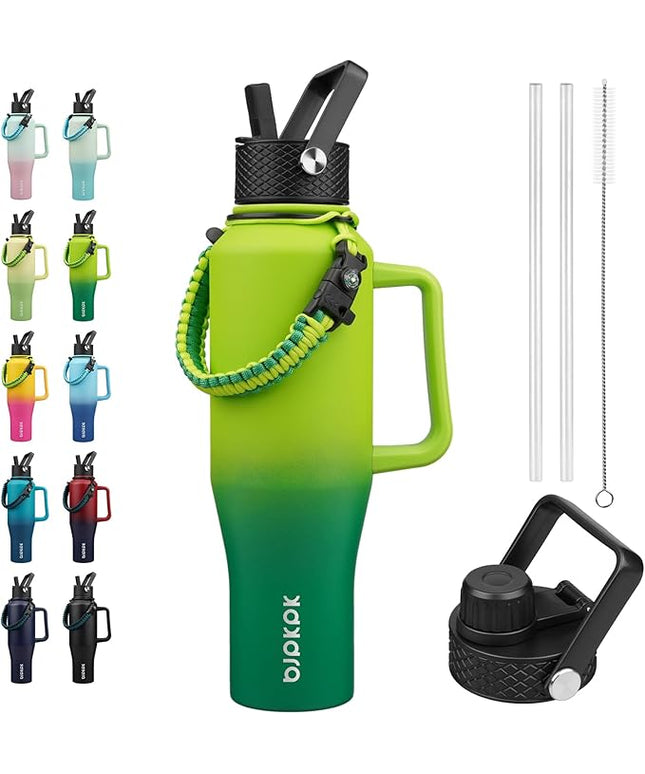 BJPKPK Insulated Water Bottles with Straw Lid, 40oz Metal Water Bottle with 2 lids & Paracord Strap, Double Wall Stainless Steel Tumbler with Handle, Reusable Cups, Mugs, Thermo, Bamboo Grove