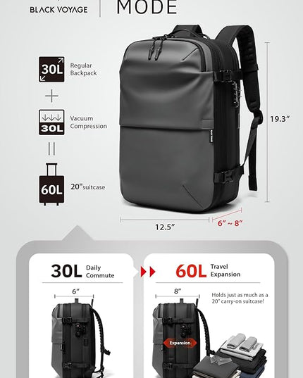 BlackVoyage Vortex Vacuum Seal Travel Backpack 60L Expandable Air Compression System Water Resistant TSA Lock Carry-On Suitcase Luggage Gray AERO - Vacuum Pump Included
