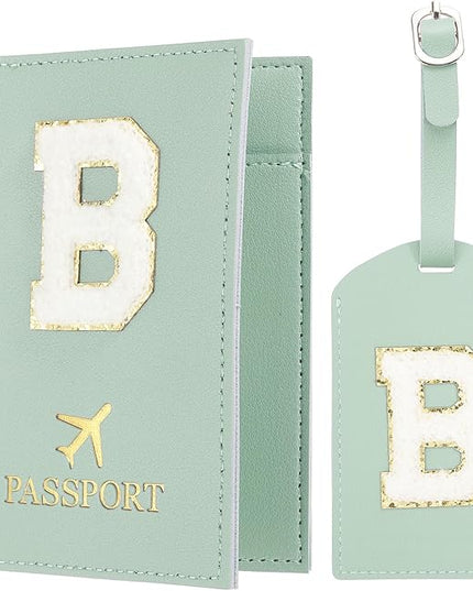 PATIKIL Passport Holder for Travel, Initial Passport Cover and Luggage Tag Set with Alphabet Chenille Letter Patch Travel Wallet Bag Suitcase Identifier for Women Family Travel Green B