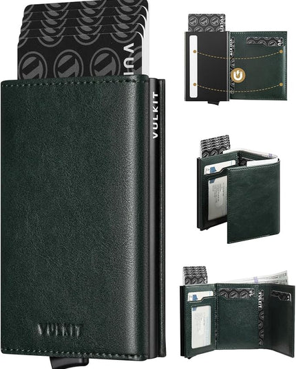 VULKIT Pop up Card Wallet Minimalist Cash Wallets RFID Blocking Leather Smart Credit Card Holder with ID window for Men(Green)