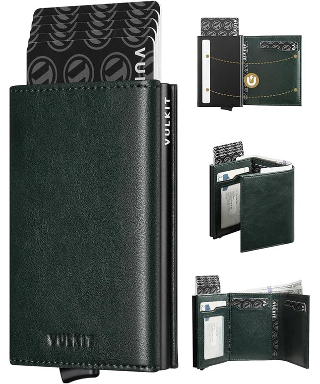 VULKIT Pop up Card Wallet Minimalist Cash Wallets RFID Blocking Leather Smart Credit Card Holder with ID window for Men(Green)