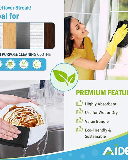 AIDEA Microfiber Cleaning Cloth Black 8PK, Microfiber Towels for Cars, Premium Car Cloths, Dusting Cloth Lint Free Cleaning Rags for SUVs, House, Kitchen, Window, Workshops,11.5×11.5"