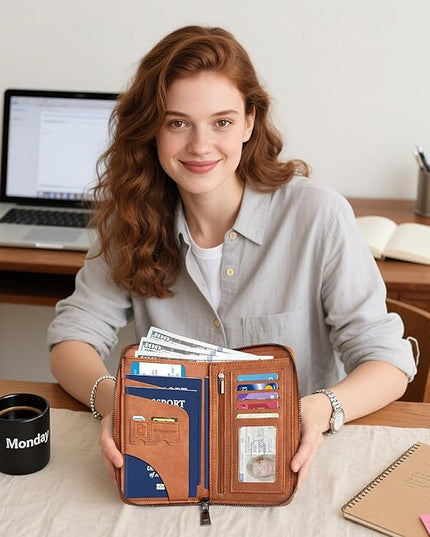 Family Passport Holder Wallet with Zipper, RFID Blocking Travel Document Organizer, PU Leather Passport Wallet for Women Men, Passport Cover Travel Wallet for Boarding Pass, ID, Money, Tickets