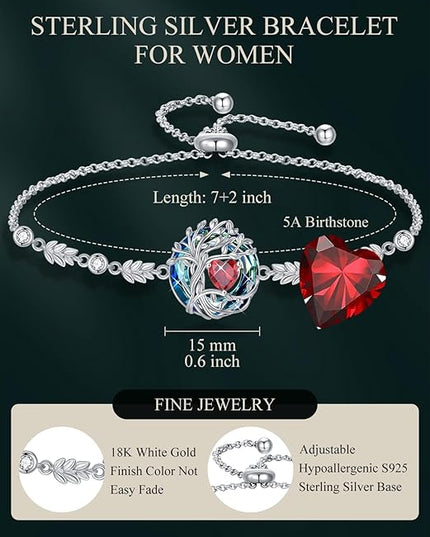 TOUPOP Tree of Life Birthstone Bracelet 925 Sterling Silver Family Tree Austrian Crystal Jewelry Anniversary Birthday Christmas Gifts for Women Wife Girlfriend Her