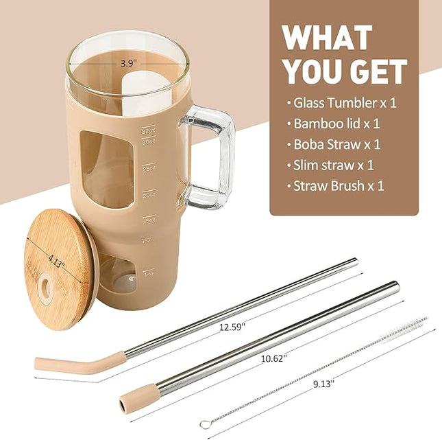 Glass Tumbler with Lid, 32 oz Glass Cup with Handle, Glass Water Bottles with Time Marker, 2 Straws - Pearl Straw & Silicone Protective Sleeve - Amber