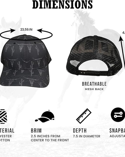 Western Trucker Charcoal Bull Cactus Baseball Cap Outdoor Punchy Mesh Snap Back with Adjustable Fit for Country Wear