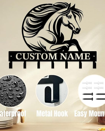 Personalized Custom Name Farm Horse Wall Key Hooks,Metal Horse Art Clothes Hooks,Metal Horse Wall Home Storage Decorative,For Front Door, Hallway, Kitchen, Bedroom,Keys,Hats (Style J)