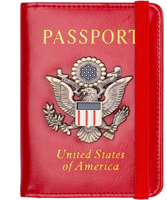 TOURSUIT Rfid Blocking Passport Holder for Women Men, Leather Passport Travel Wallet with Metal 3D Metal Badge, Travel Document Holder Cover Accessories (Red)