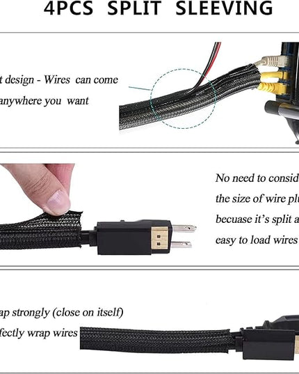 Cord Management Organizer Kit 4 Cable Sleeve split with 41Self Adhesive Cable Clips Holder, 10pcs and 2 Roll Self Adhesive tie and 100 Fastening Cable Ties for TV Office Car Desk Home