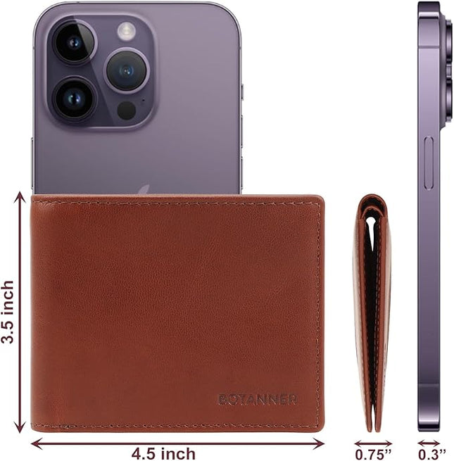 BOTANNER Genuine Leather Bifold Mens Wallet Slim RFID Blocking 5 Credit Card Slots 1 ID Window 2 Sections for Bills 2 Additional Slots | Dark walnut brown