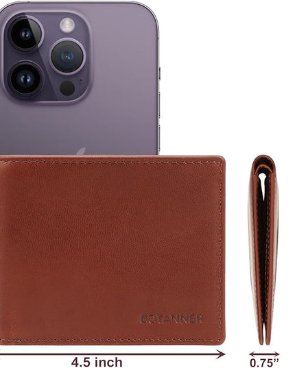 BOTANNER Genuine Leather Mens Bifold Wallet | RFID Blocking, 8 Credit Card Slots, 2 Sections for Bills & 2 Additional Slots | Dark walnut brown