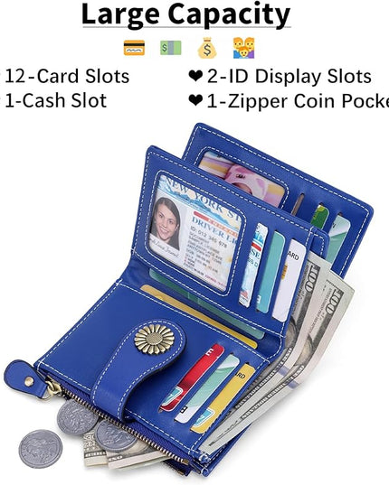 SENDEFN Small Womens Wallet Leather Bifold Card Holder RFID Blocking with Zipper Coin Pocket