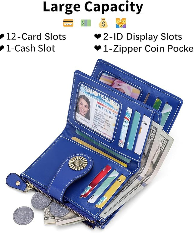 SENDEFN Small Womens Wallet Leather Bifold Card Holder RFID Blocking with Zipper Coin Pocket