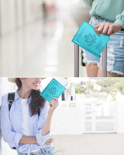 Passport and Vaccine Card Holder Combo with Vaccine Card Slot, Passport Wallet, Passport Cover/ Case for Women and Men(AK-turquoise)