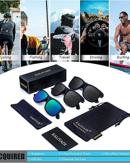 KALIYADI Sunglasses Men Polarized Sun glasses for Mens Womens Classic Matte Black Frame UV Protection 3pack