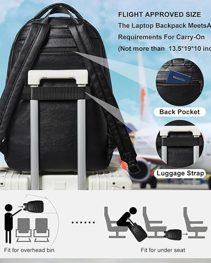 43L Backpack for Women Men - Vegan Leather Backpack Purse Travel Carry-on Bag College Bookbag Work fits 17" Laptop, Black