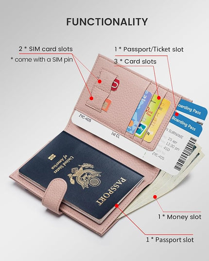 RFID Passport Holder Travel Wallet for Women, Leather Passport Cover Wallet with Card Holders SIM Slots,Zippered Coins Pocket and Cash Slot Slim Compact Travel Wallet (Pink)