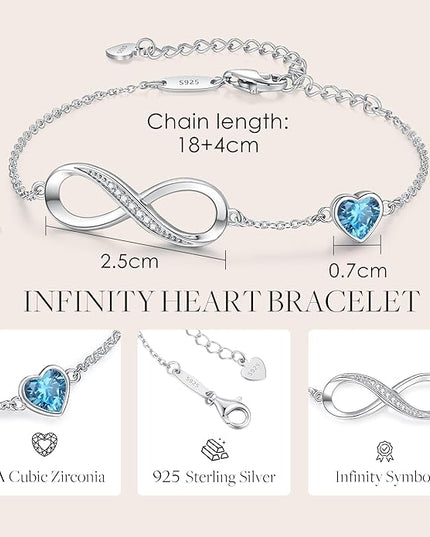 CDE Valentine's Day Gift Infinity Heart Birthstone Charm Link Bracelet for Women 925 Sterling Silver Adjustable Mother's Day Christmas Day Gift Anniversary Birthday Jewelry for Wife Girlfriend Her