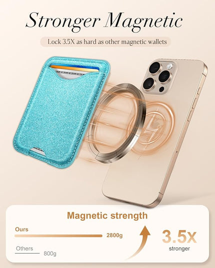 Shorogyt Compatible with Magsafe Wallet Magnetic Card Holder - Glitter Light Blue Phone Wallets for Women Teen Girls for iPhone 17/16/15/14/13/12 Series Slim for Apple Mag RFID Magnet, Fit 3 Cards