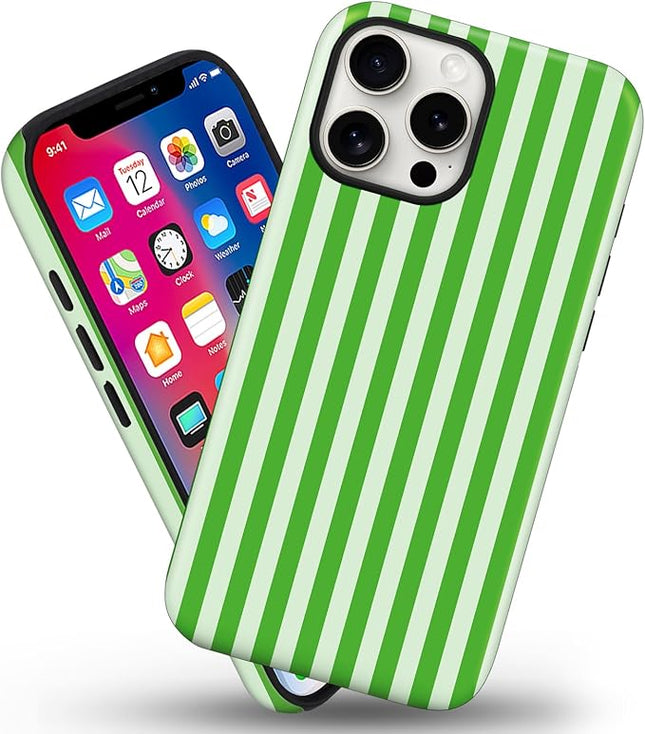 Magnetic for iPhone 14 Pro Case Cute Stripes Phone Case, Shockproof Slim TPU and Hard PC Protective Phone Cover Compatible with MagSafe Designed for Women Girls, Deep Green