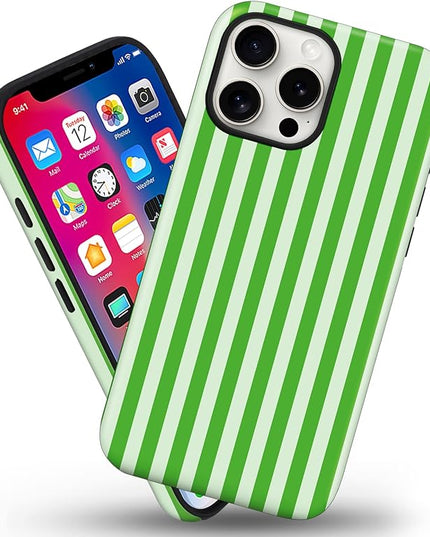 Magnetic for iPhone 13/14 Case Cute Stripes Phone Case, Shockproof Slim TPU and Hard PC Protective Phone Cover Compatible with MagSafe Designed for Women Girls, Deep Green