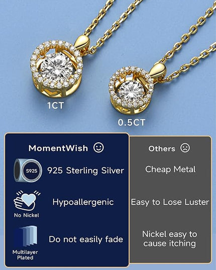 MomentWish Floating Necklace for Women, 0.5/1 Carat Dancing Moissanite Necklace for Her 925 Sterling Silver Pendant Anniversary Birthday Christmas Gift for Wife Mom Girlfriend