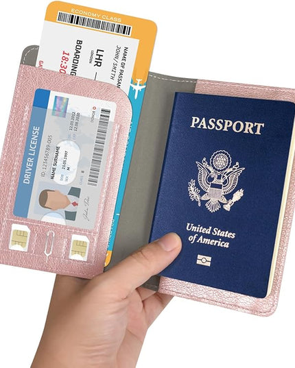 RSAquar Passport Holder for Women and Men, Premium PU Leather Travel Passport Wallet RFID Blocking Passport Cover Travel Documents Organizer (Rose Gold)