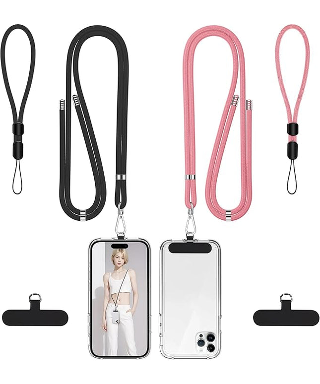 takyu 2 Pack Adjustable Cell Phone Lanyard & 2 Pack Phone Wrist Strap with Tether Tabs Compatible for iPhone Android Smartphones - Black Pink