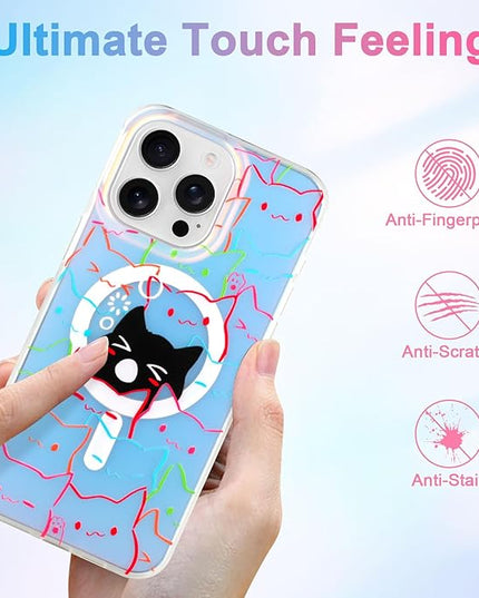 Cute Case for iPhone 15 Pro Max Case for Women Girls Boys [ Compatible with Magsafe ] Iridescent and Black Cats Cat Pattern Design, Kawaii Colorful Animal Soft Bumper Protective Phone Cover