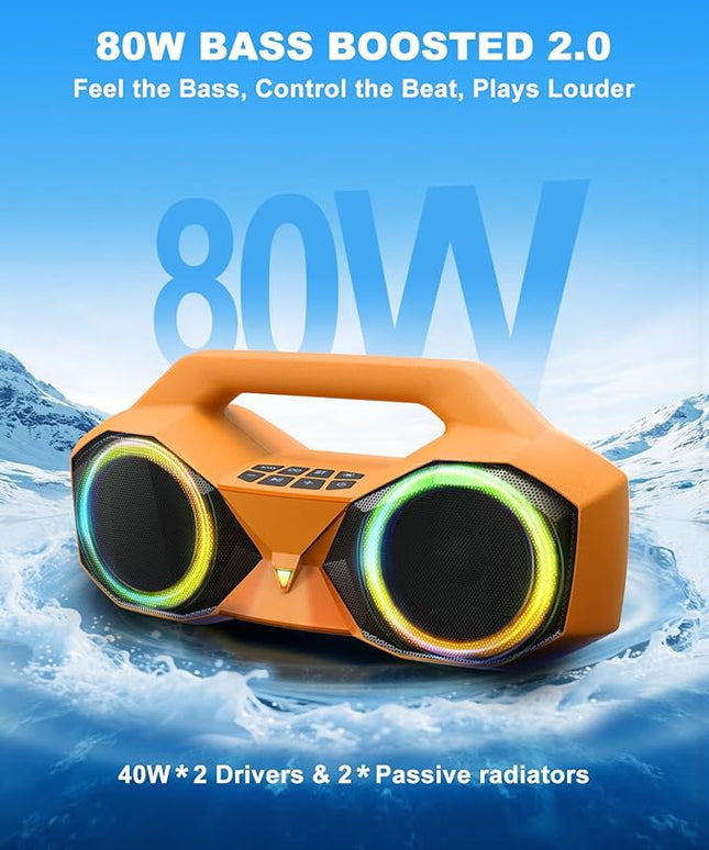 OZJ Bluetooth Speaker 80W(Peak) Loud with Bass, 20H Playtime, IPX7 Waterproof, RGB Lights, TWS, Large Portable Wireless Speakers for Outdoor, Home, Party, Pool, Beach, Tailgating, Gym, Work (Orange)