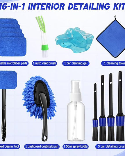 16 Pcs Windshield Cleaner Tool, Car Cleaning Kit with Various Detailing Brushes Set Spray Bottle Cleaner Towel Cleaning Gel Accessories Car Interior Detailing Kit for Windows Vents(Blue)