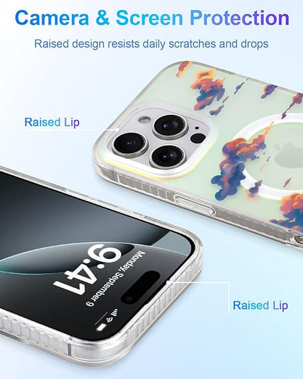 Cute Case for iPhone 16 Pro Case for Women Girls [ Compatible with Magsafe ] Aesthetic Cloud Pattern Design, Girly Glitter Sparkly Bling Protective Phone Cover, Iridescent Sun Set Sky