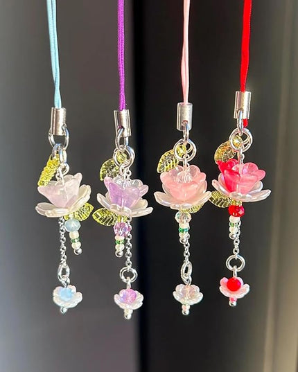 Agromusk Pink Flower Phone Charms,Cute Beaded Lotus Flower Phone Strap Handmade Decor for Women Y2K Accessories Keychain Bag Pendant Gift