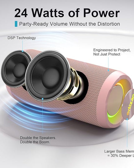 Ortizan Wireless Portable Bluetooth Speaker, IPX7 Waterproof, Dustproof and Rustproof, Powerful 24W Sound, Enhanced Bass, 30 Hour Battery, 360° Party Light, and Stereo Pairing (BT 5.3), Gifts - Pink