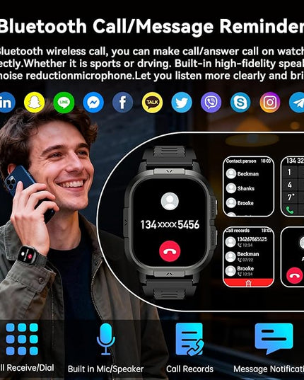 Smart Watch for Men Fitness Tracker: Make/Answer Call Military Smart Watches for Men Digital Watches Heart Rate Monitor Waterproof Running Smartwatch Android Phones iPhone Samsung Compatible 2 Bands