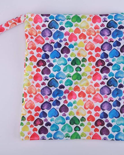 Wet Dry Bag Baby Cloth Diaper Nappy Reusable Washable Two Pockets (Rainbow Hearts)