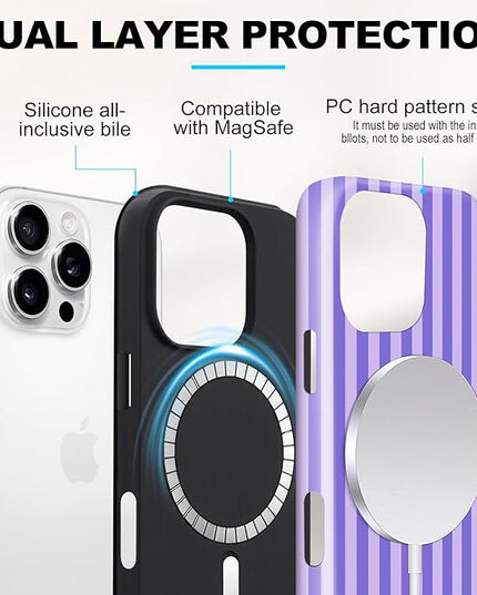 Magnetic for iPhone 15 Pro Case Cute Stripes Phone Case, Shockproof Slim TPU and Hard PC Protective Phone Cover Compatible with MagSafe Designed for Women Girls, Light Purple