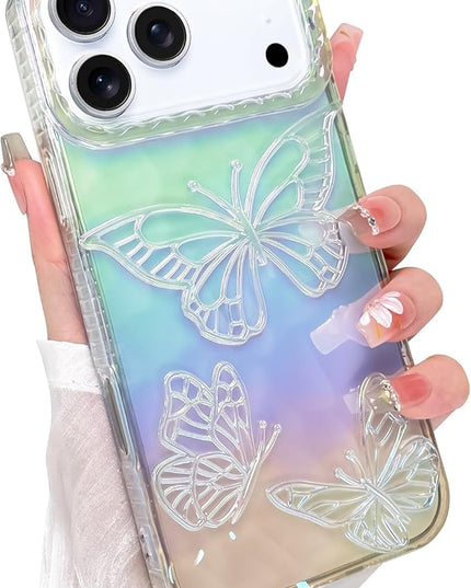 Cute Case for iPhone 17 Pro Max Case for Women Girls, with 3D Butterflies Pattern Design, Aesthetic Clear Iridescent Glitter Kawaii Girly Rainbow Protective Phone Cover