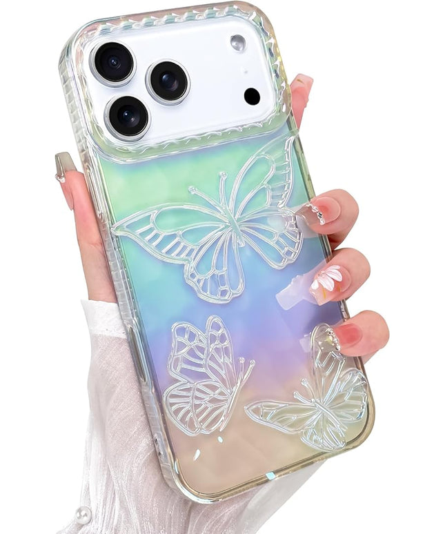 Cute Case for iPhone 17 Pro Max Case for Women Girls, with 3D Butterflies Pattern Design, Aesthetic Clear Iridescent Glitter Kawaii Girly Rainbow Protective Phone Cover